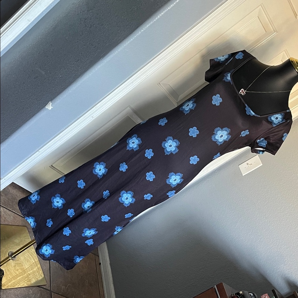 SHEIN Black Midi Dress with Blue Floral Print